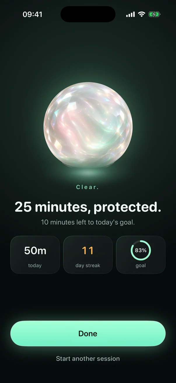 Session complete: 25 minutes protected, 50 minutes today and an 11-day streak