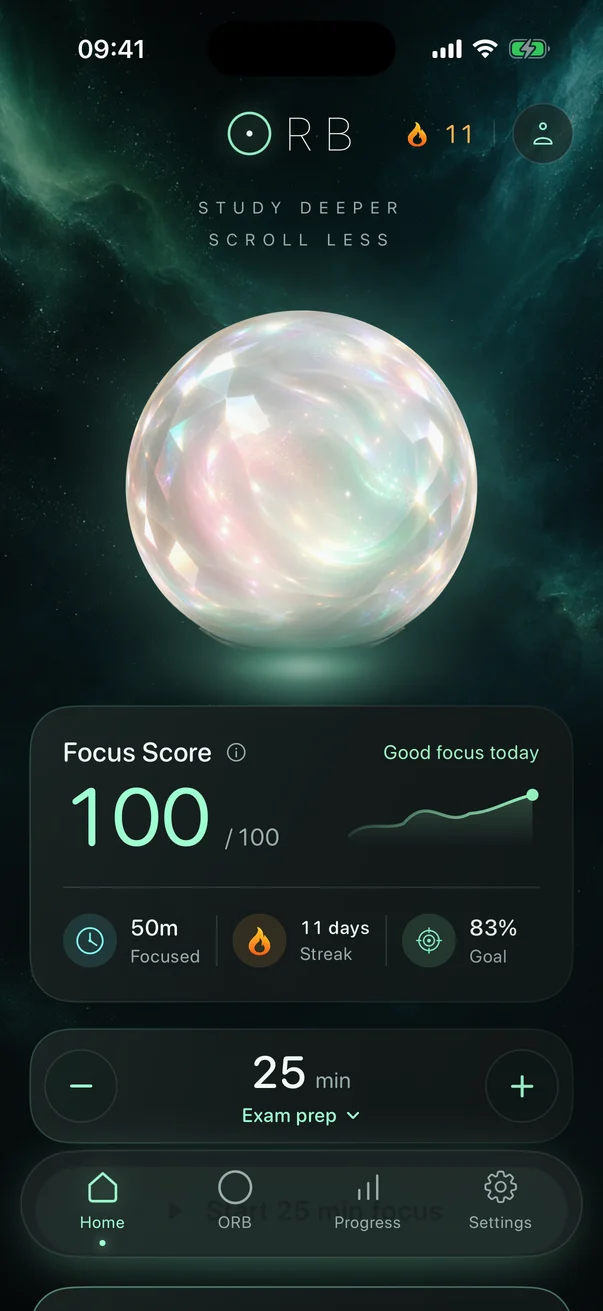 ORB home screen with a focus score of 100 and a 25-minute exam prep session ready