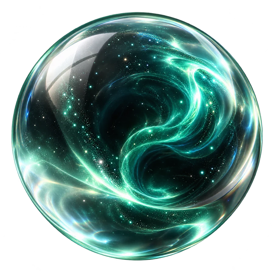 The ORB, a glass sphere with glowing green swirls inside