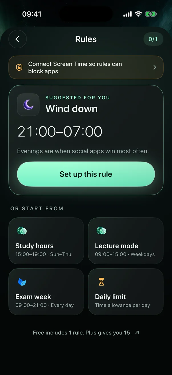 Rules screen suggesting Wind down from 21:00 to 07:00, with Study hours, Lecture mode and Exam week below